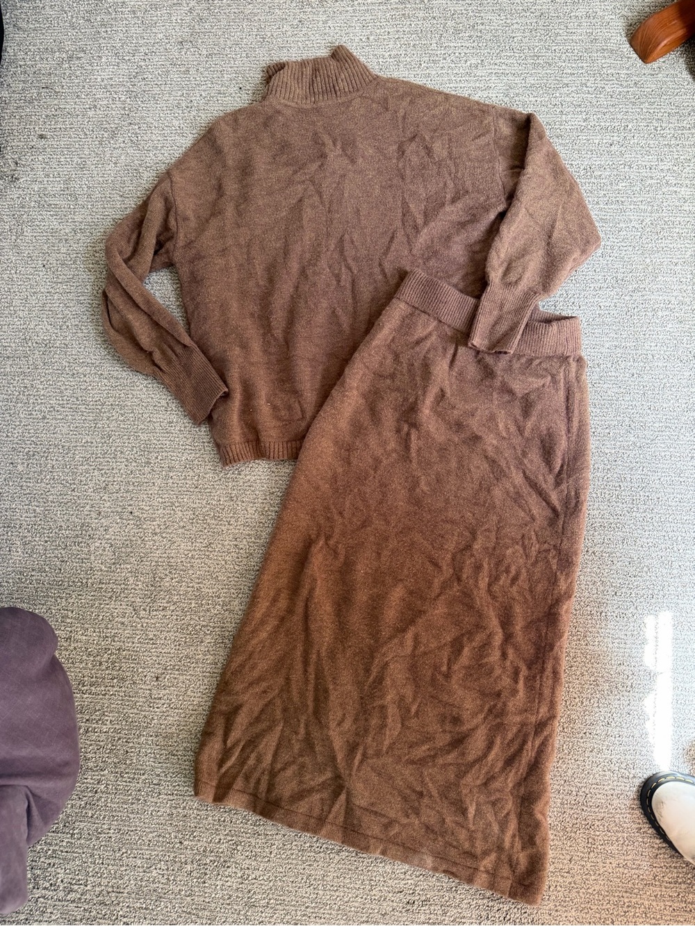 Brown Knit Turtleneck Sweater & Skirt Set